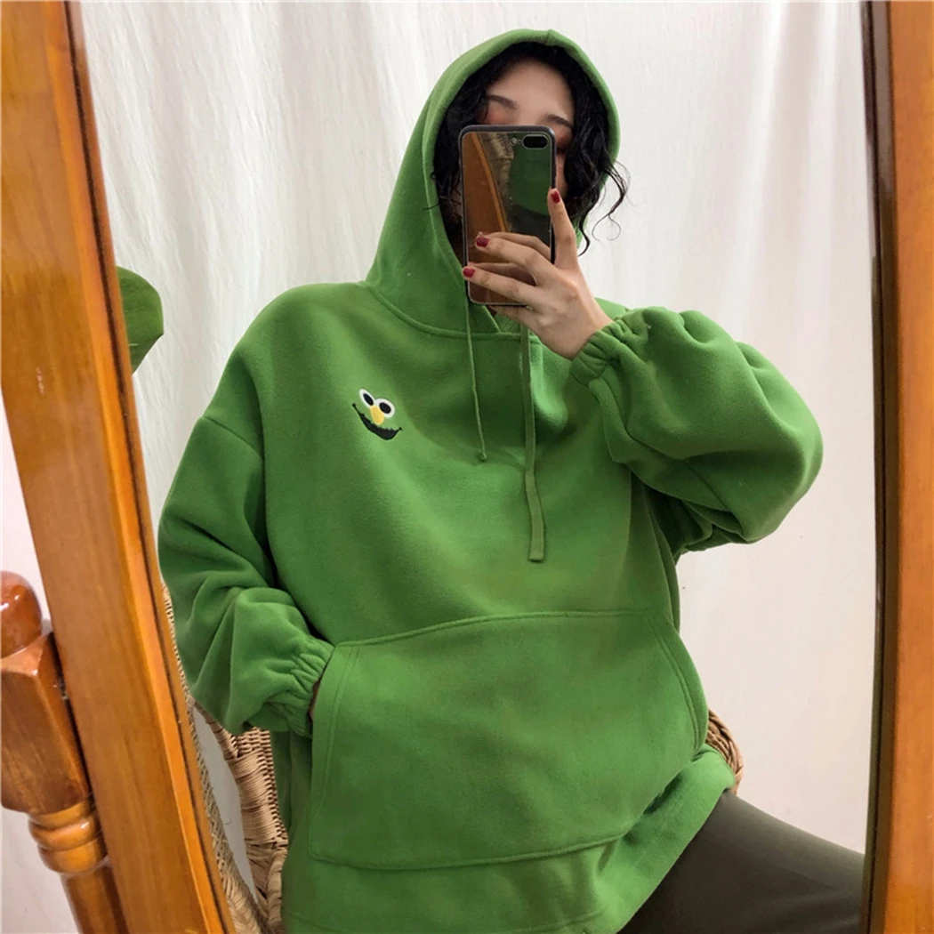 Autumn Winter 2019 Oversized Harajuku Fleece Hoodies Women Cartoon Embroidery Hoody Sweatshirt Streetwear Loose Hooded Pullover | Женская