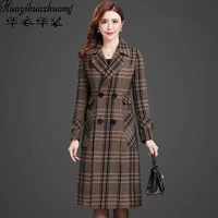 2021 autumn and winter new woolen coat womens mid length large size loose over the knee thick houndstooth woolen coat women