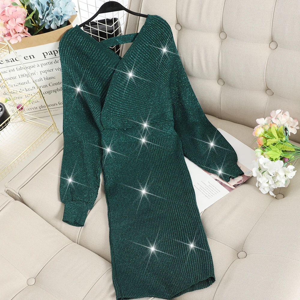 SINGRAIN женское трикотажное платье карандаш с люрексом осеннее сексуальное