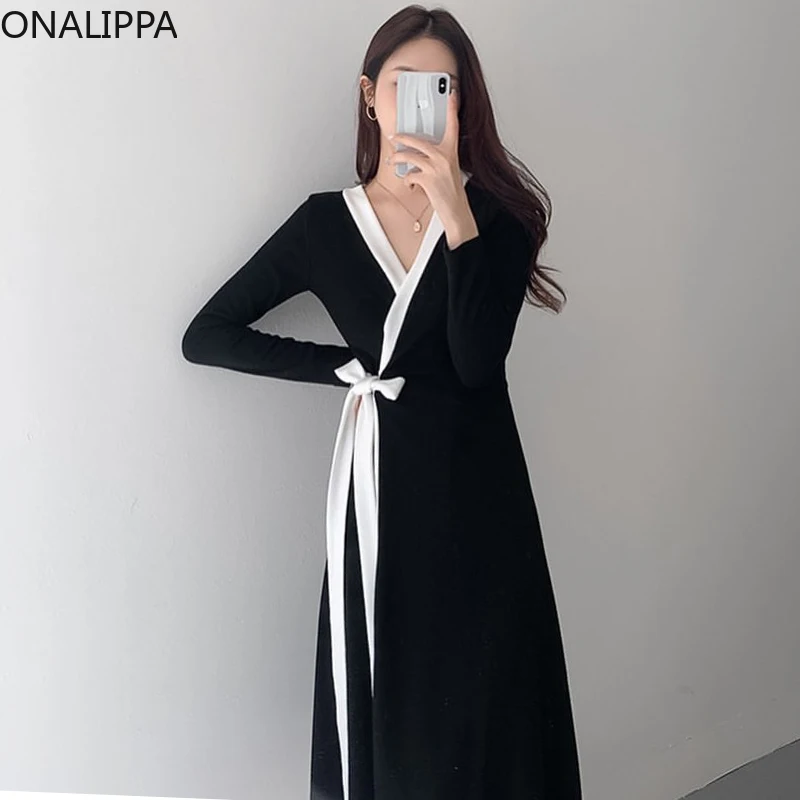 

Женское платье контрастных цветов ONALIPPA с V-образным вырезом, элегантное платье во французском стиле с длинными рукавами и бантом на талии