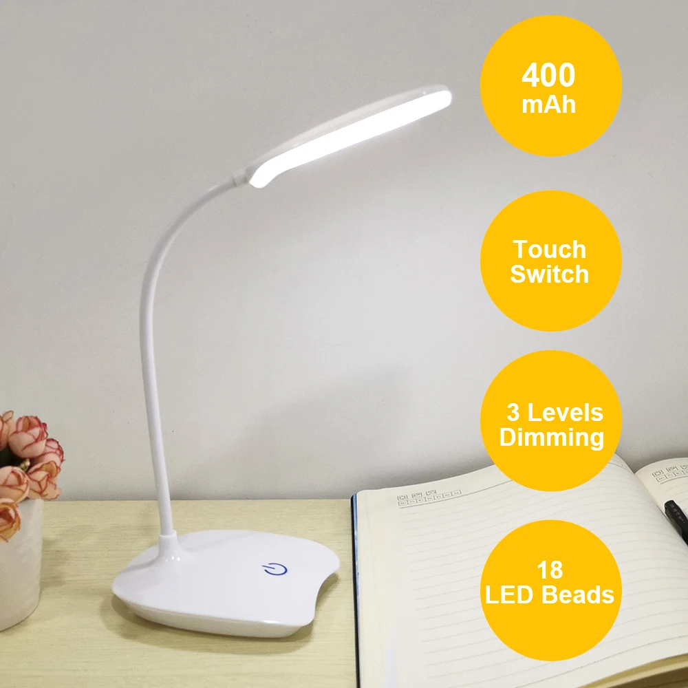 LED лампа настольная 18 светодиодный Перезаряжаемый USB, настольный светильник современный сенсорный переключатель, 3 режима, диммер, светильник для чтения и учебы, настольная лампа для спальни