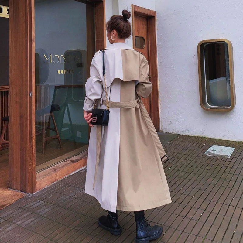 

2021 Women's Coat Hit Color Lacing Slim Full Sleeve Over Long Wild Loose Casual Trench New Autumn Fashion Clothing
