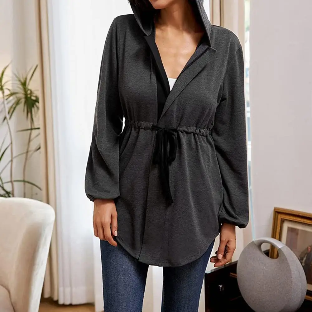 

Women Coat Solid Color Pockets Loose Hooded Lace-up Jacket for Daily Wear