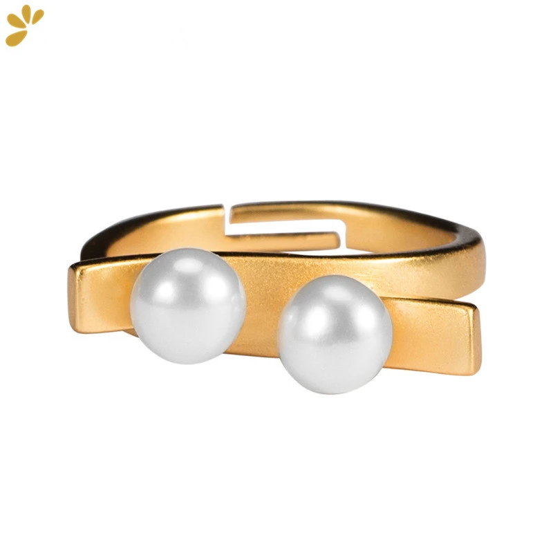 

925 Sterling Silver Pearls Gold-plated Open Ring Fine Jewelry for Women Geometric Simple Rings Trendy Party Gift