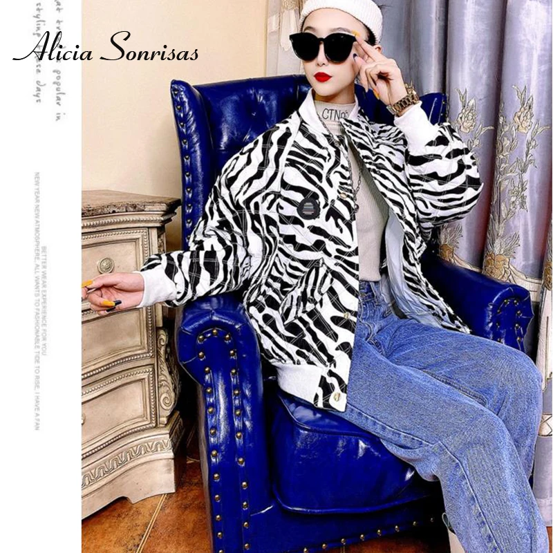 

Zebra Pattern Thin Cotton Padded Coat for Women 2021 New Korean Single Breasted Buttons Jacket Lightweight Loose Cropped Parkas