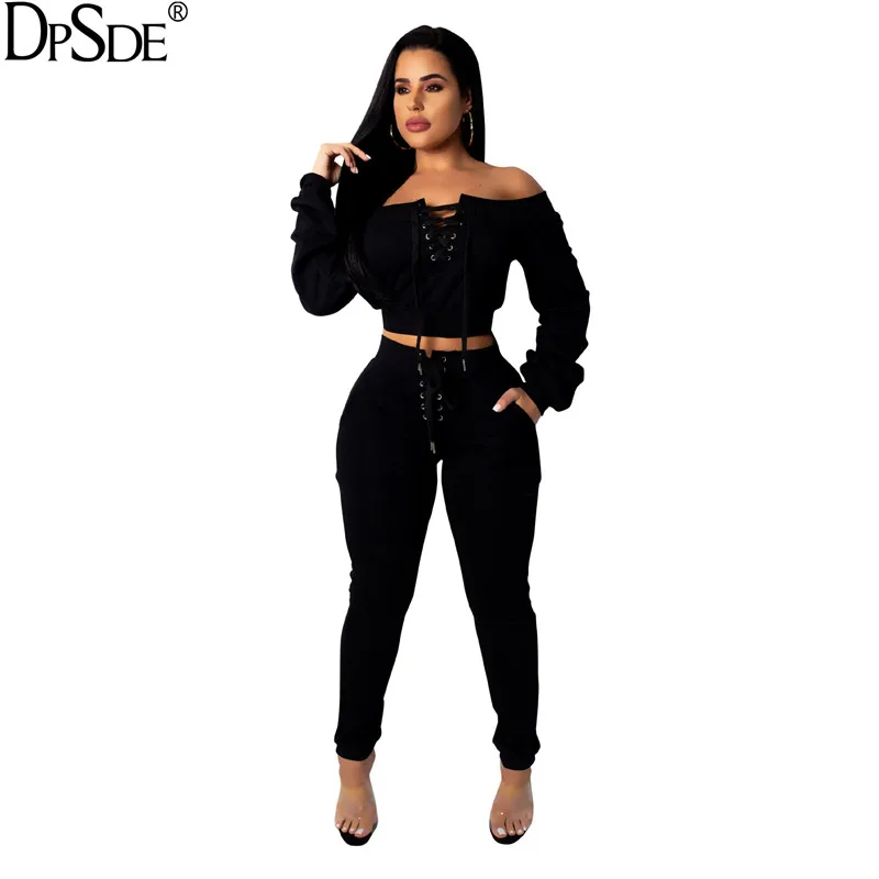 DPSDE Black Sports Bandage Warm Two Pieces Women Set Autumn Off Shoulder Skinny Casual Top 2020 Lace-Up Shwo Thin Bodycon Pants |