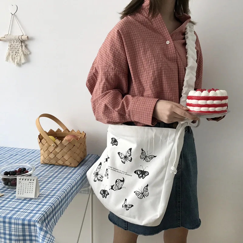 Fashion Butterfly Women Canvas Bag Cotton Cloth Fabric Crossbody Bags Lady Large Capacity Shoulder Bag Drawstring Strap Design AliExpress
