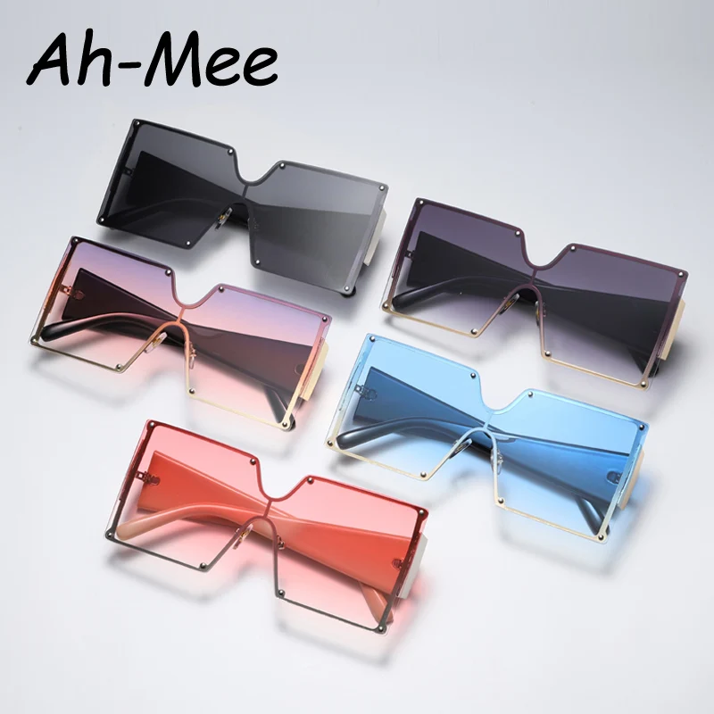 

Oversized Square Rimless Sunglasses Women Brand Designer Flat Top Big Sun Glasses Female One Piece Rivet Gradient oculos
