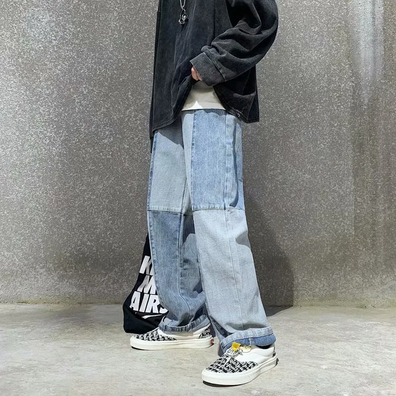 

New Mens Patchwork Jeans Youth College Style Straight-leg Denim Trousers Street hip-hop Jean Pants Korean Basic Cowboy Clothing