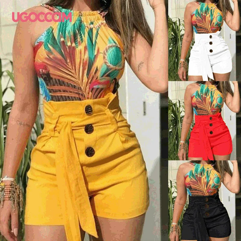 

UGOCCAM Woman Shorts High Waist Fashion Button Belt Casual Shorts Women Solid Office Lady Short Femme Summer Women Clothing