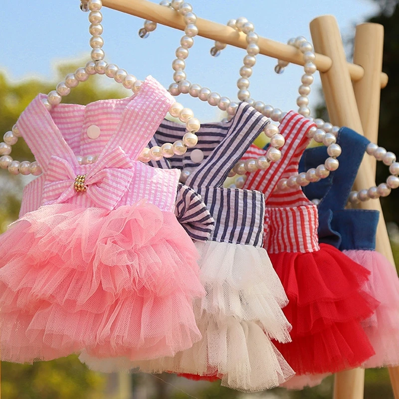 

Dog Cothes Stripe Suspender Dress Pet Mesh Skirt Spring &Summer Cat Wedding Dress Sweet Cute Bowknot Lace Dress For Puppy