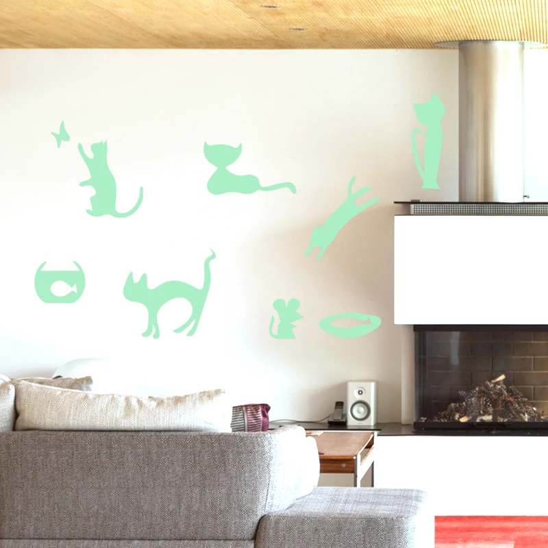 

3218 9pcs a set cat Luminous generation finely carved removable wall stickers for stylish children's room