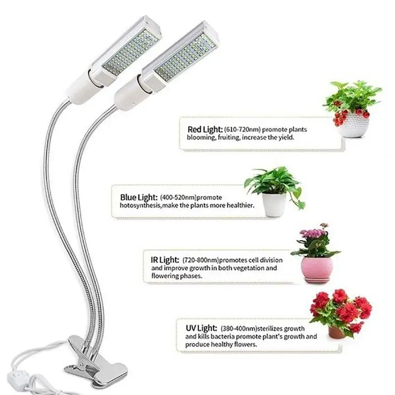 

LED Grow Lights Dual Head Desk Clip Lamp for Indoor Plants with Full Spectrum Adjustable Gooseneck and Timer Setting