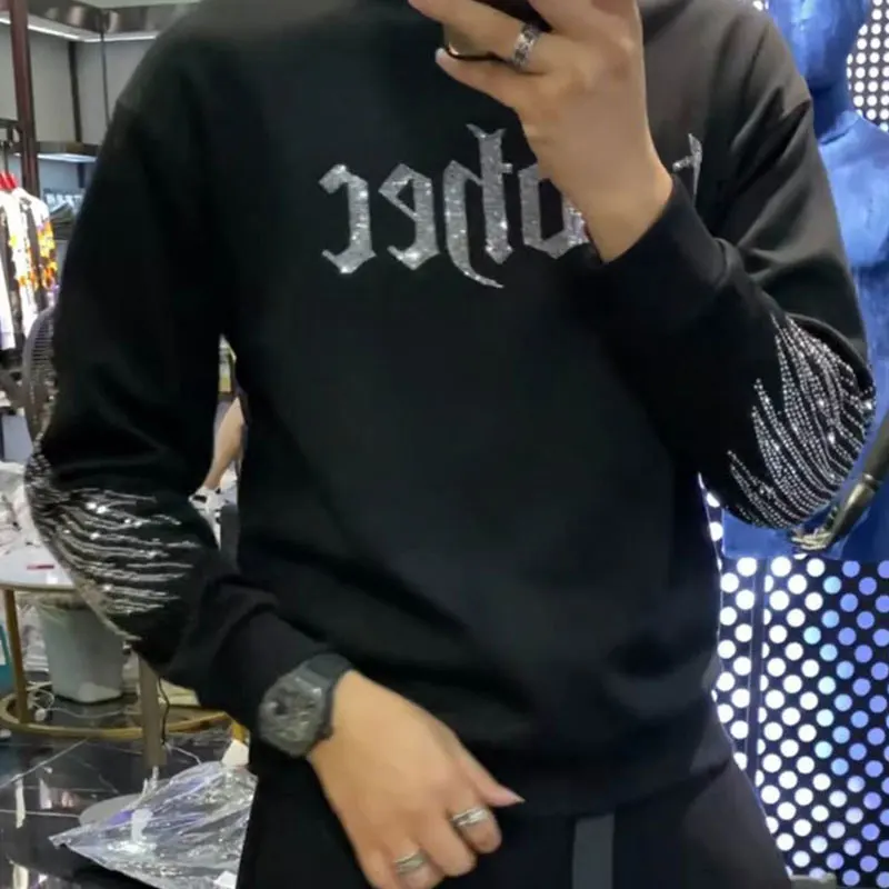 

Sequin Embroidery Hip Hop Letter Feather Hot Drilling Autumn Winter Hoodies Sweatshirts Men Casual Cotton Black Thick Pullover