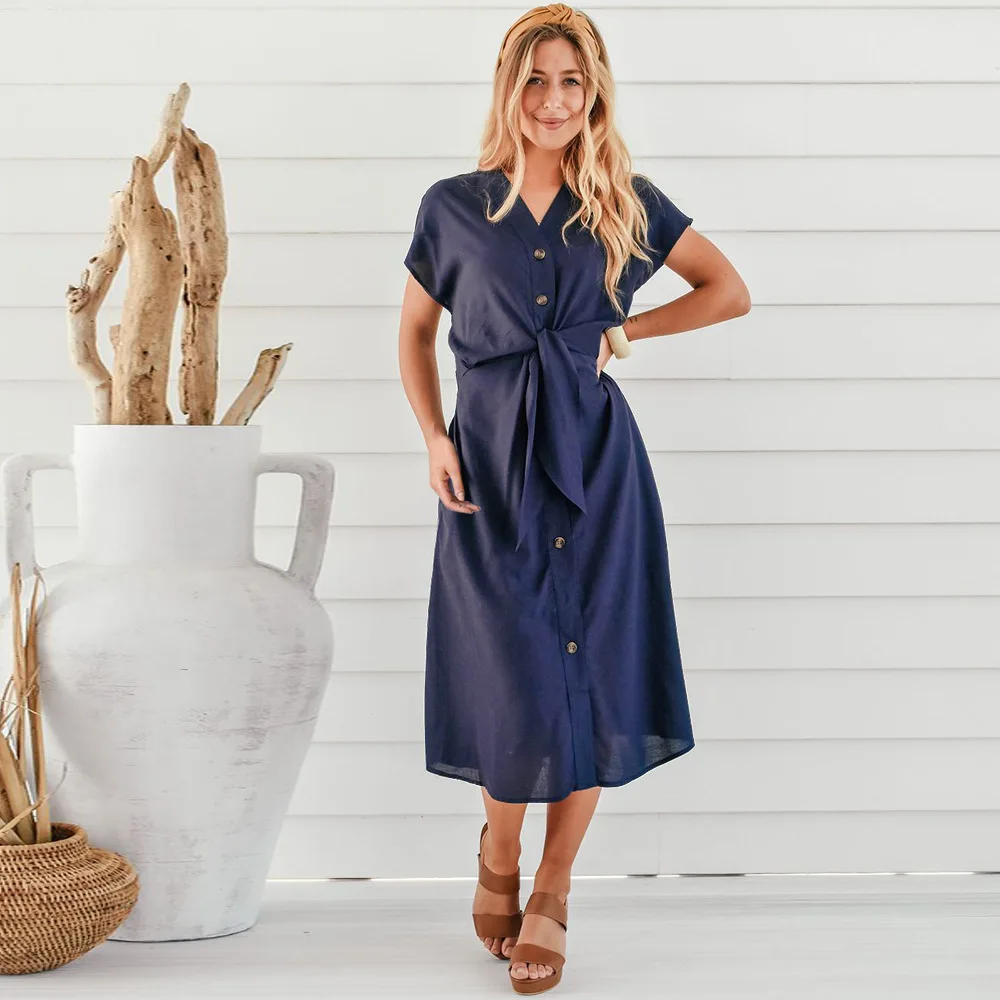 

Summer Women New Short-Sleeved Dress Sexy High-Waist Mid-Length Dress Solid Color Button Strap V-Neck Over Size Promotion Dress