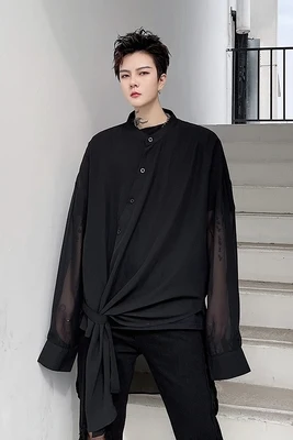 

Spring Summer New Sexy Mesh Perspective Chiffon Shirt Sun-proof Clothes Club Hairdresser Young Long-sleeved Neutral Shirt