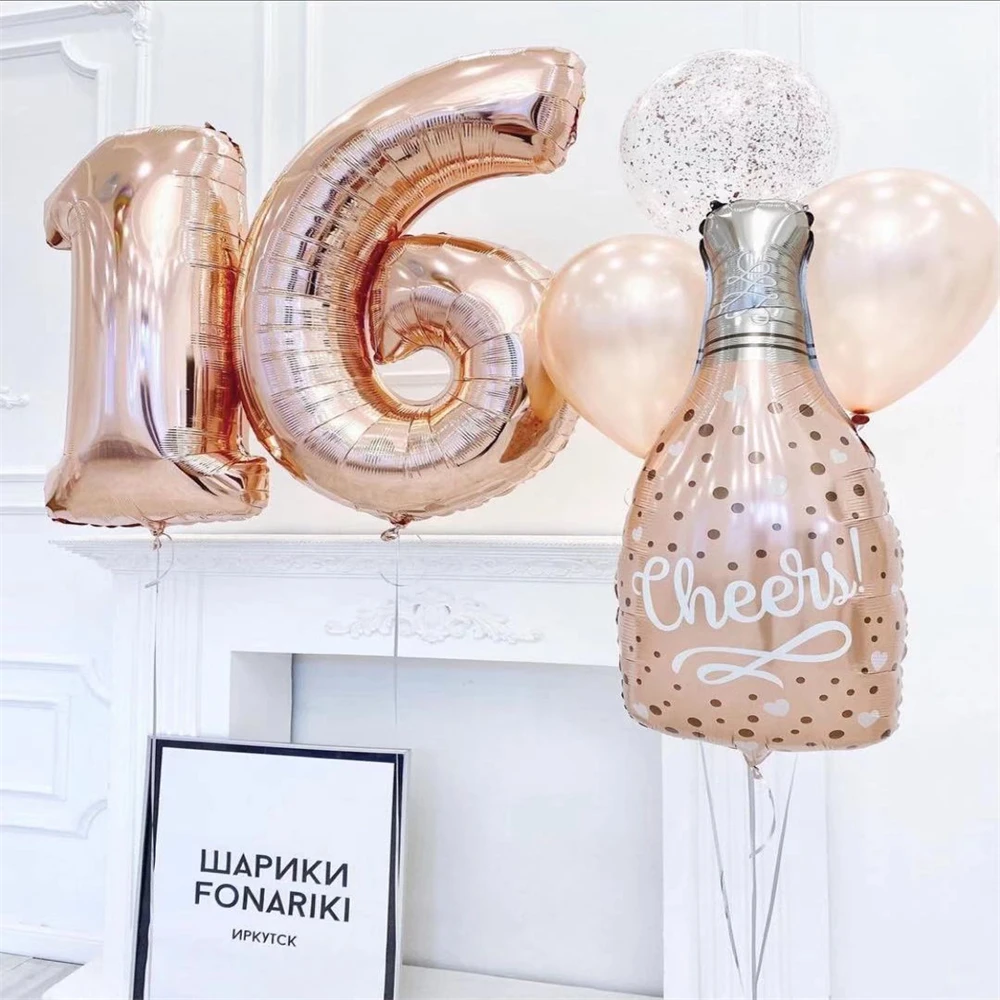 

6pcs Rose Gold Champagne Bottle Balloons Set 32inch Number Foil Balloon Bridal Shower Wedding Bachelorette Party Decorations