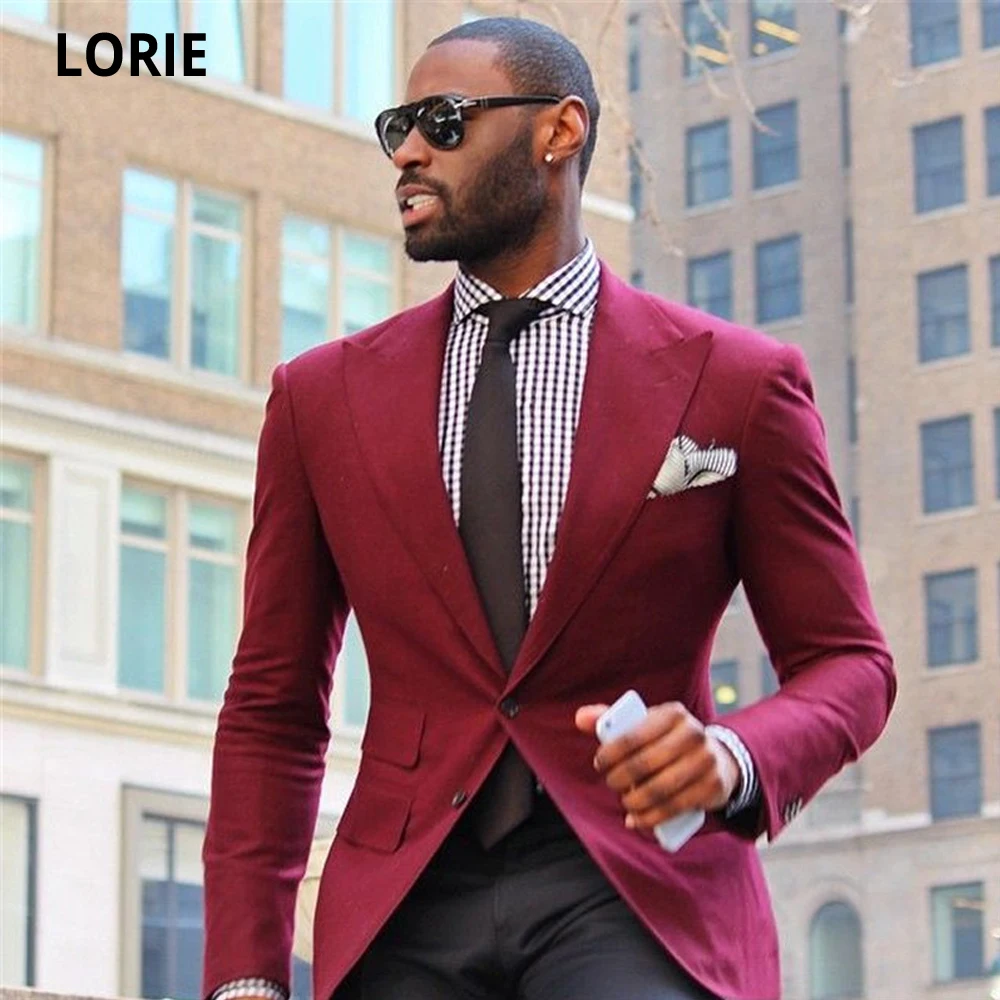 

LORIE 2020 Tailor Made Two Piece Burgundy Mens Wedding Tuxedos Slim Peaked Lapel Formal Party Suits Cheap Jacket (Jacket+Pant)