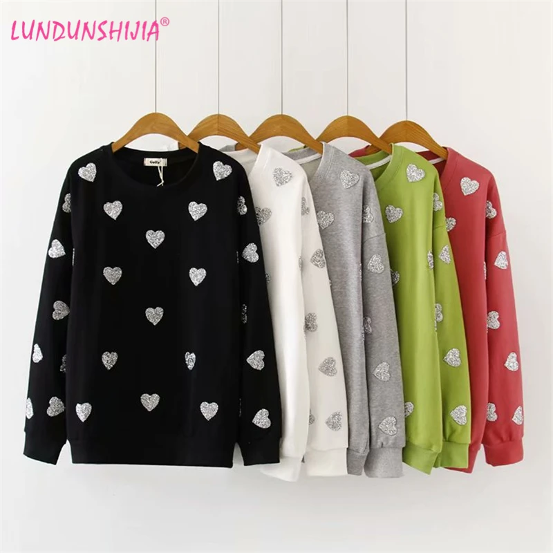 Модные толстовки LUNDUNSHIJIA с вышивкой в виде сердец осень 2019 Женский пуловер