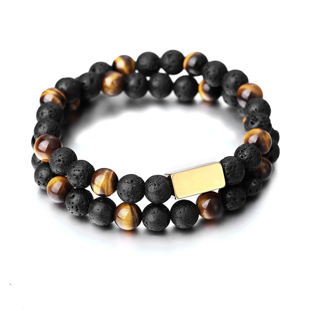 Выгравированный двойной Strand Эластичный бисерный браслет для мужчин и женщин