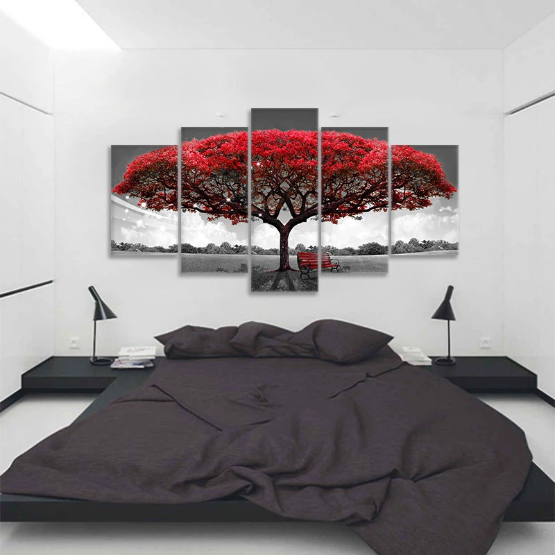 5 Panels Modular Red Leaves Tree Canvas Poster HD Printed Landscape Painting Wall Art For Living Room Decoration | Дом и сад