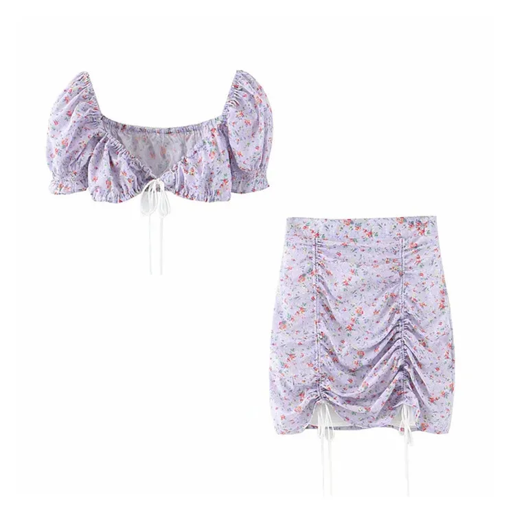 

ins bloggers shredded flower rope short suit women 2020 summer new bubble sleeve top and bag hip skirt dltz042/043