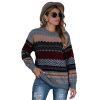 autumn winter thick warm knitted sweater women o neck argyle loose pullover ethnic style casual jumper women streetwear