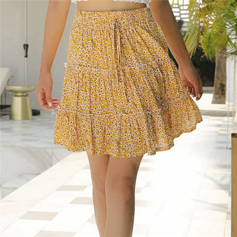 

Summer Mini Skirt Floral Print Sexy Boho Short Skirt For Women 2021 Fashion Ladies High Waist Frills Beach Pleated Skirts