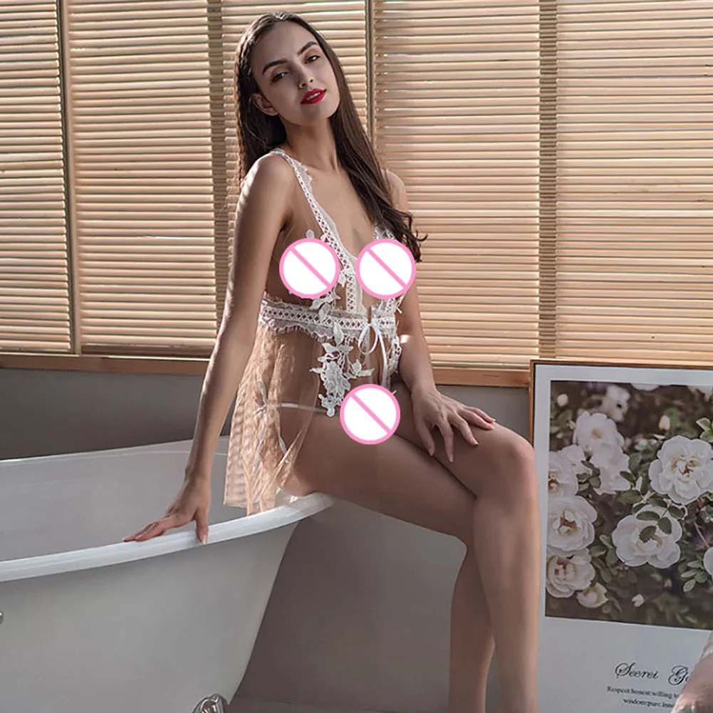 

Female Sexy Lace Mesh Deep-V Backless Nightdress G-string Erotic Sleepwear Set Perfect for wedding night, Valentine's Day