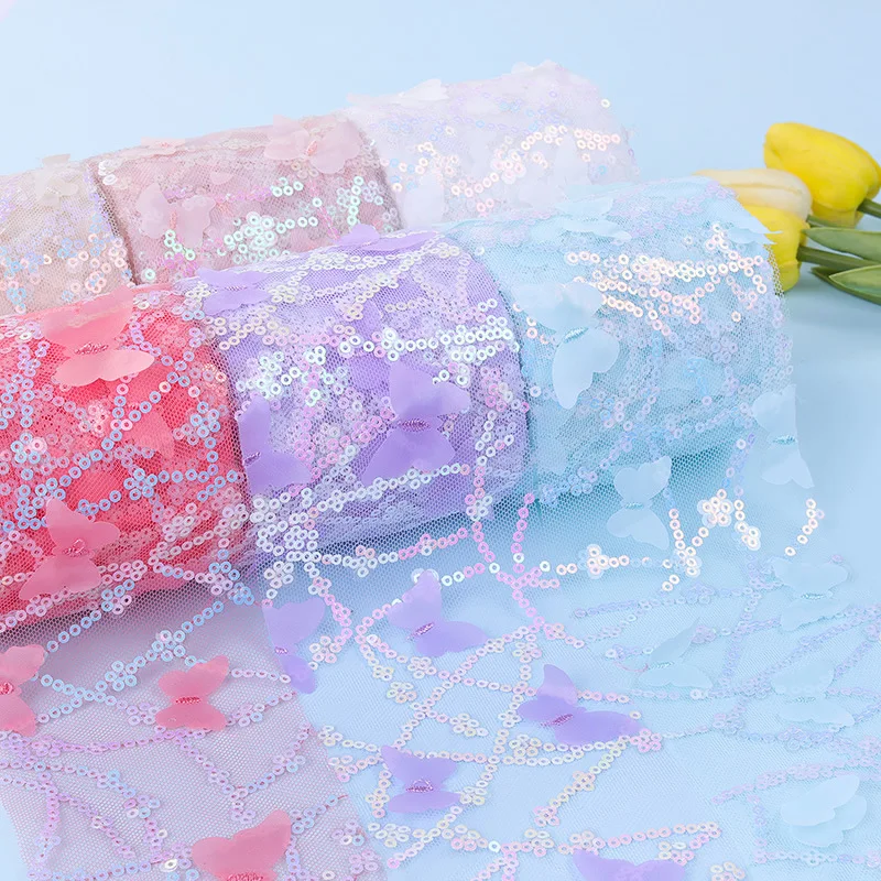 

3 meters Colorful Sequins Butterfly Embroidery Organza Ribbon for DIY Craft Gift Wrapping Hair Bowknot Ribbon
