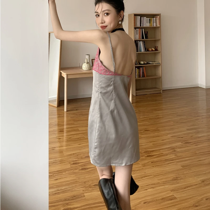 

Kimotimo Women Dress Korean Chic Summer Hot Girl Waist Tight Sexy Thin Backless Patchwork Lace Spaghetti Strap Ladies Dress