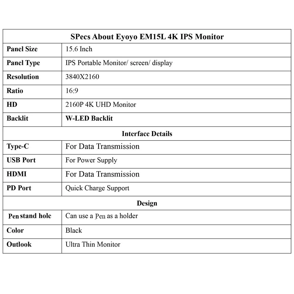 Eyoyo EM15U 15 6 &quot4K Портативный игровой монитор для геймеров HDR UHD 3840X2160 IPS HDMI USB Type C ЖК