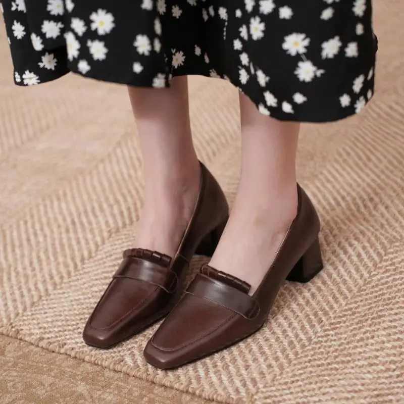 

RIZABINA Size 33-40 New Fashion Women Real Leather Pumps Square Toe Thick High Heel Slip On Shoes Female Footwear