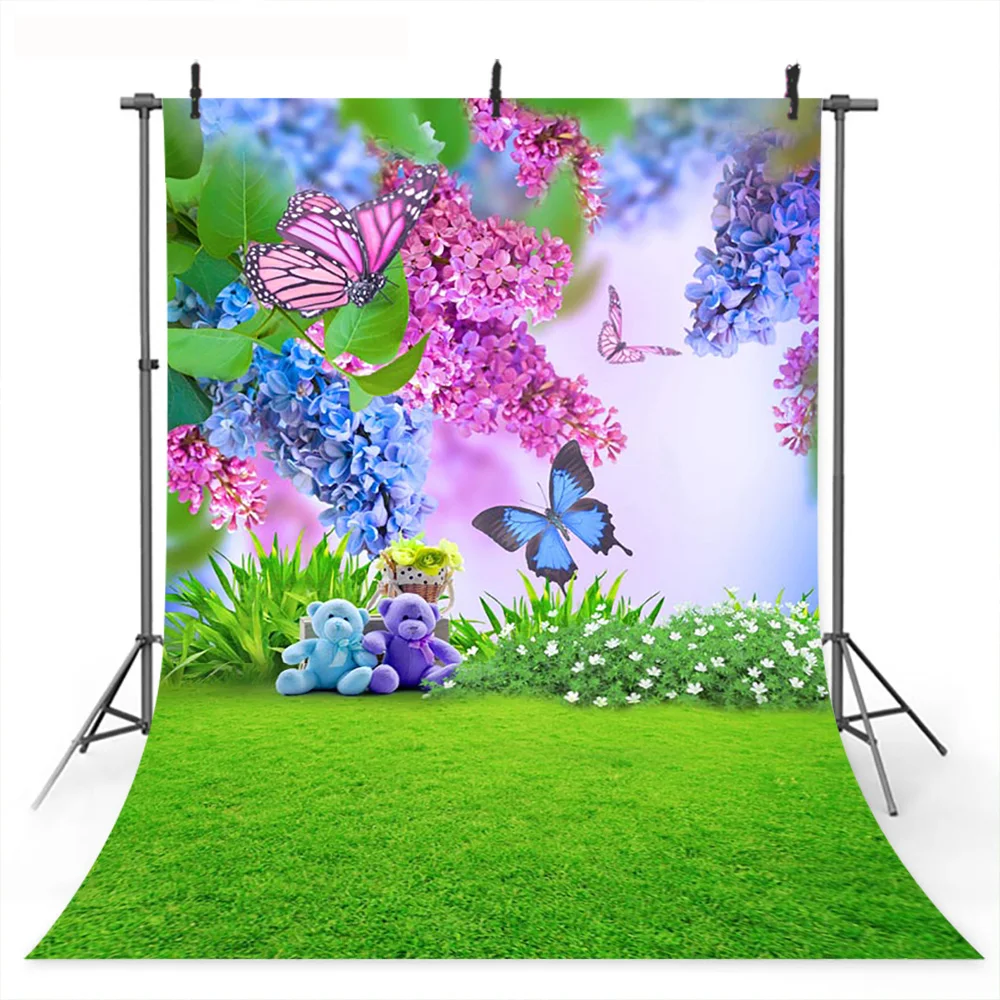 

Фон для фотосъемки с изображением весенней бабочки розовых фиолетовых цветов милого медведя фон для фотосъемки пасхальные фоны для новоро...