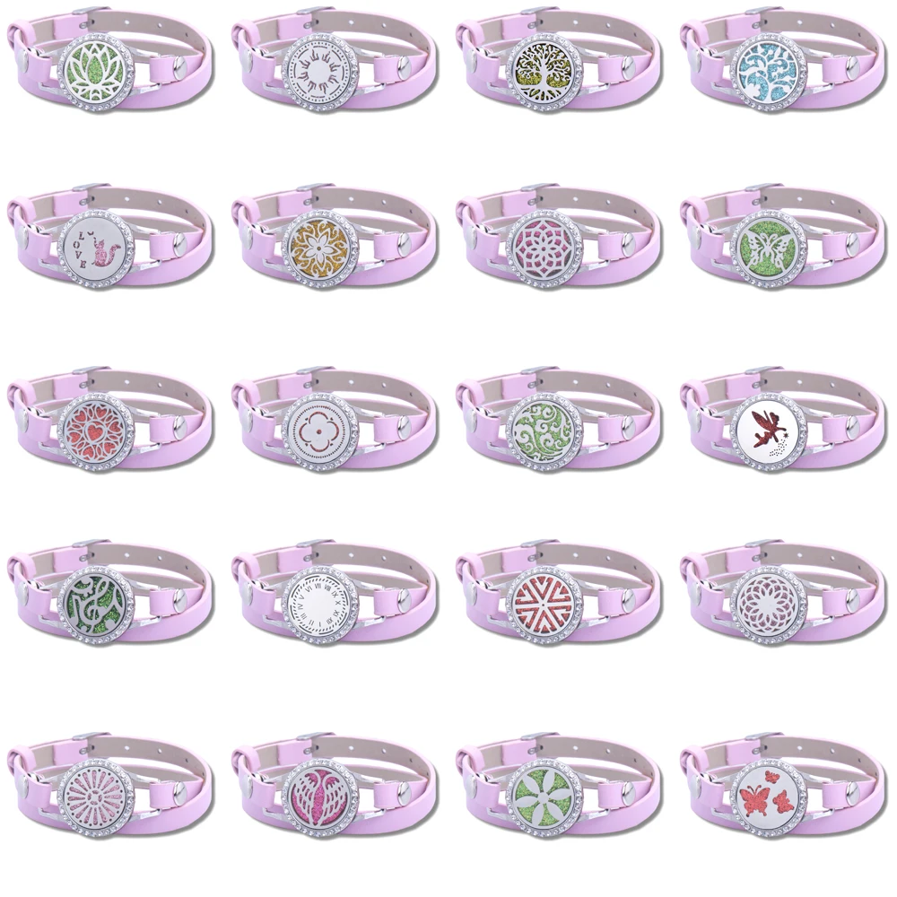 

Pink Leather Bracelet Stainless Steel Perfume Aroma Bracelets Full zircon Aromatherapy Bracelets Essential Oil Diffuser Lockets