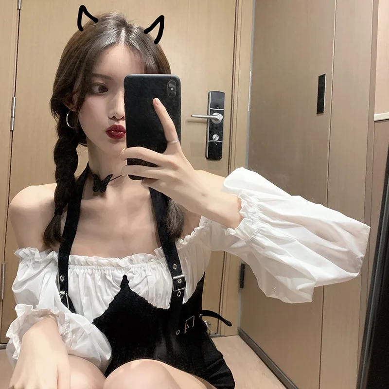 

Women Retro Off Shoulder Long Sleeve Dresses Female Fashion Fake Two-piece Dress Vestidos