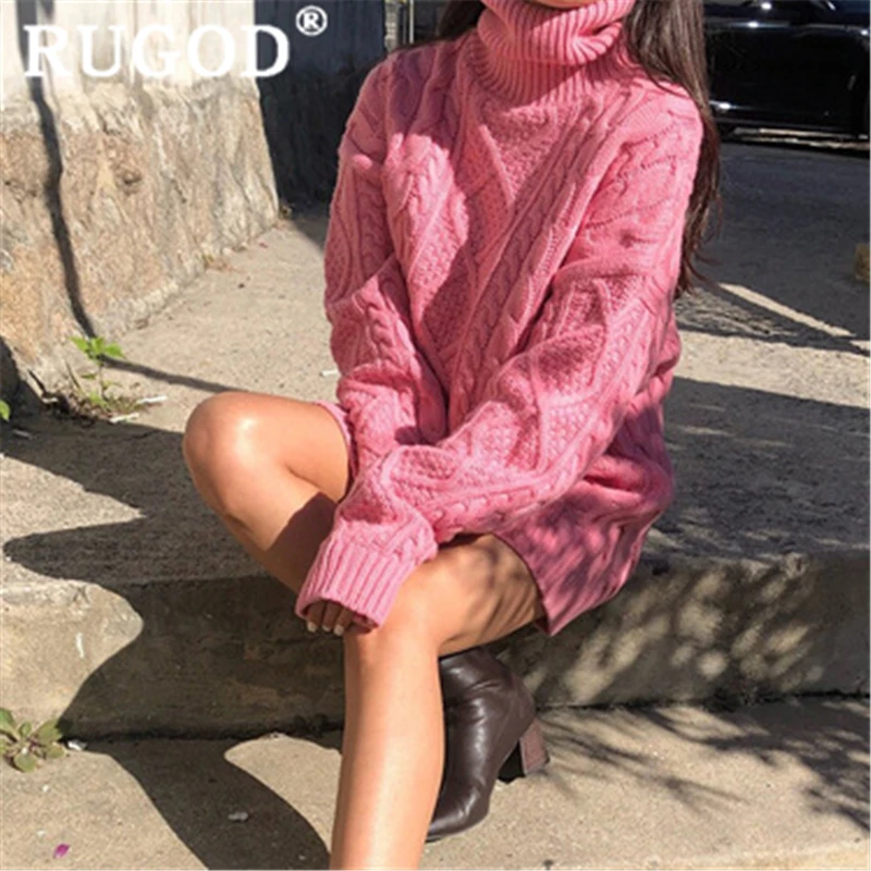 RUGOD Новое поступление, Однотонный свитер, платье для женщин, водолазка, свободное прямое тонкое мини платье, модное женское элегантное сексуальное вязаное платье