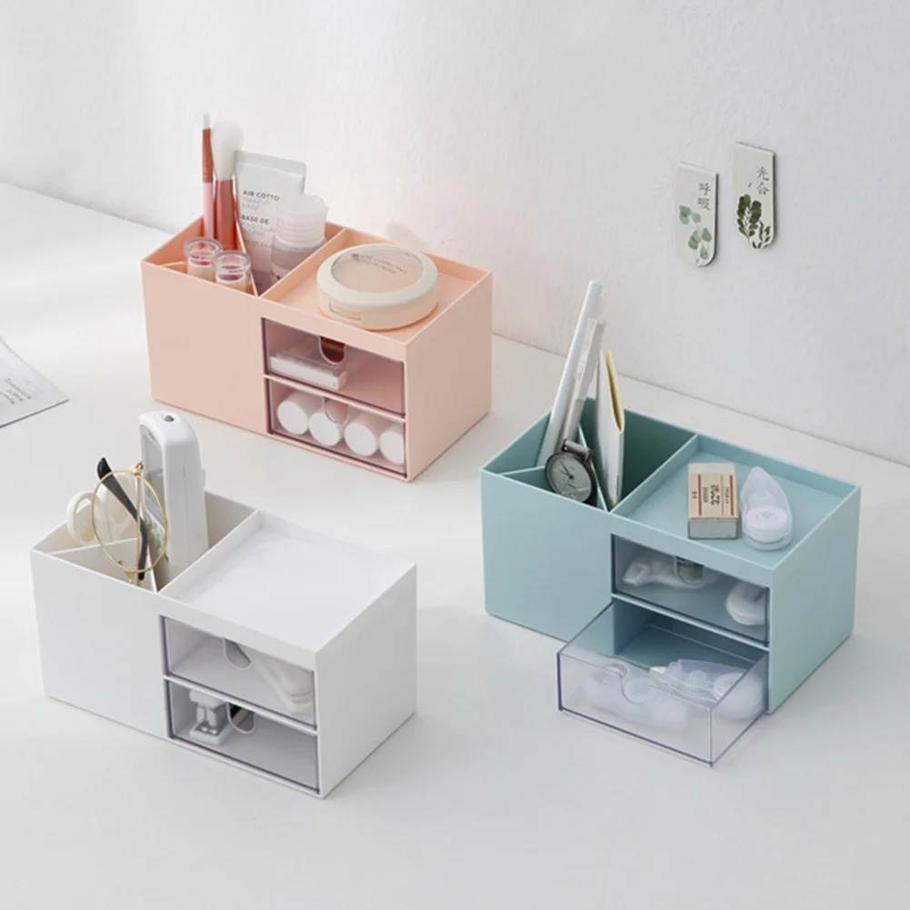

Desktop Storage Box Organizer with 2 Drawers, 3 Compartments, 1 Tray Makeup Pencil Stationery Holder for Home Office