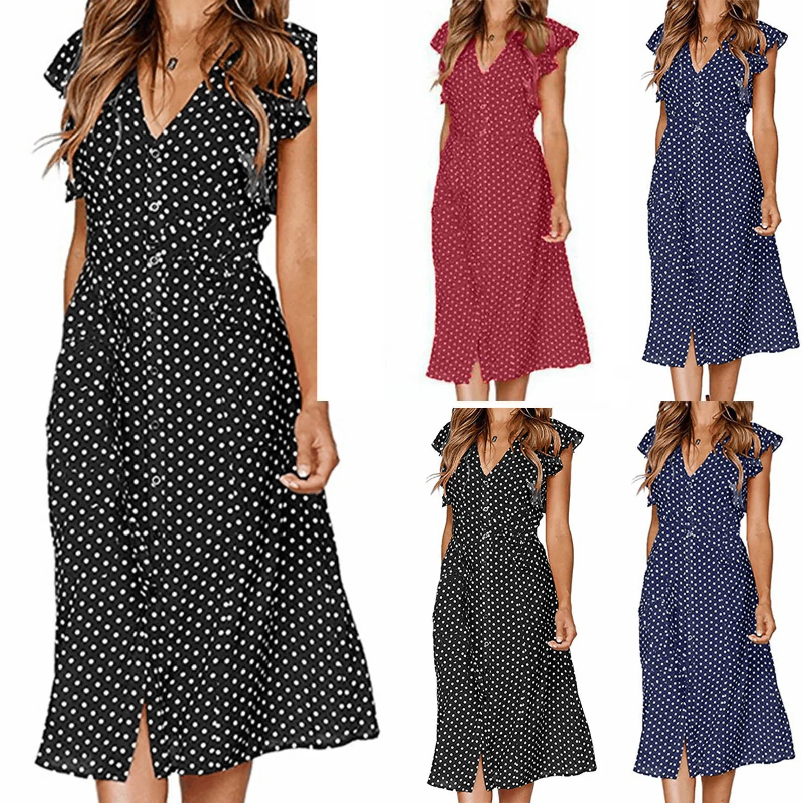 

Dresses For Women Summer Casual Sexy V-Neck Summer Dots Prints Loose Butterfly Sleeve Ruffles Dress jurken zomer 2021 dames N*