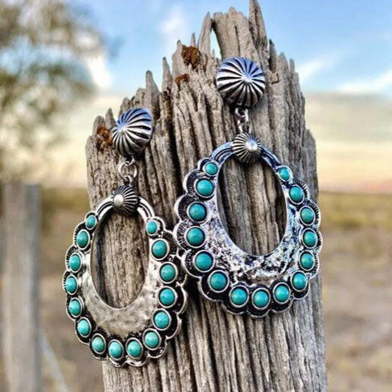 

2021 Wholesale Turquoise Statement Earrings Large Big Hoops Geometric Earrings Boho Western-style Artisan Turquoise Earrings