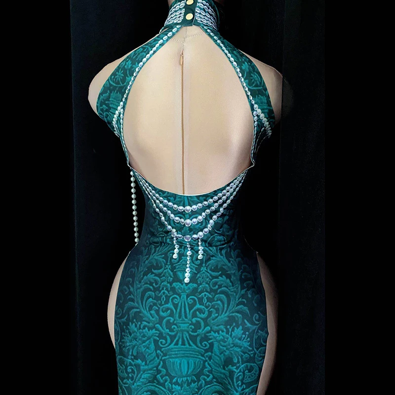 Женское длинное платье без рукавов qipao с жемчужинами и высоким разрезом