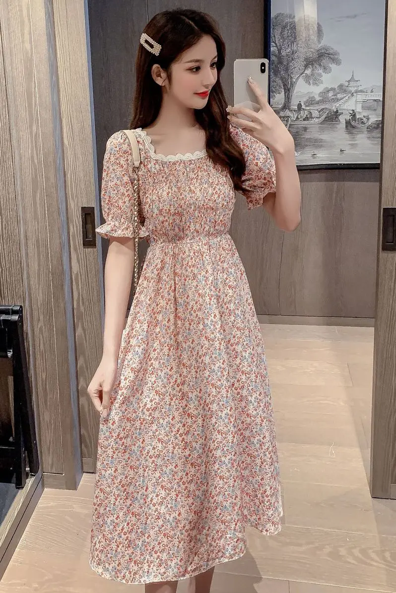 

COIGARSAM French Style Floral Print Women Long dress New Spring Chiffon Square Collar Dresses Bottom Blue 9393