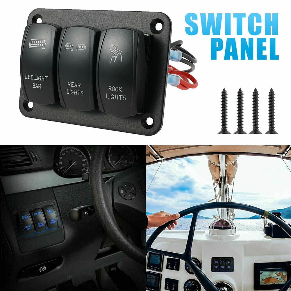 

3 Gang Rocker Switch Panel 12V 24V ON/OFF Toggle Switch Panel with Blue LED Light for Car Marine Boat RV Truck Camper