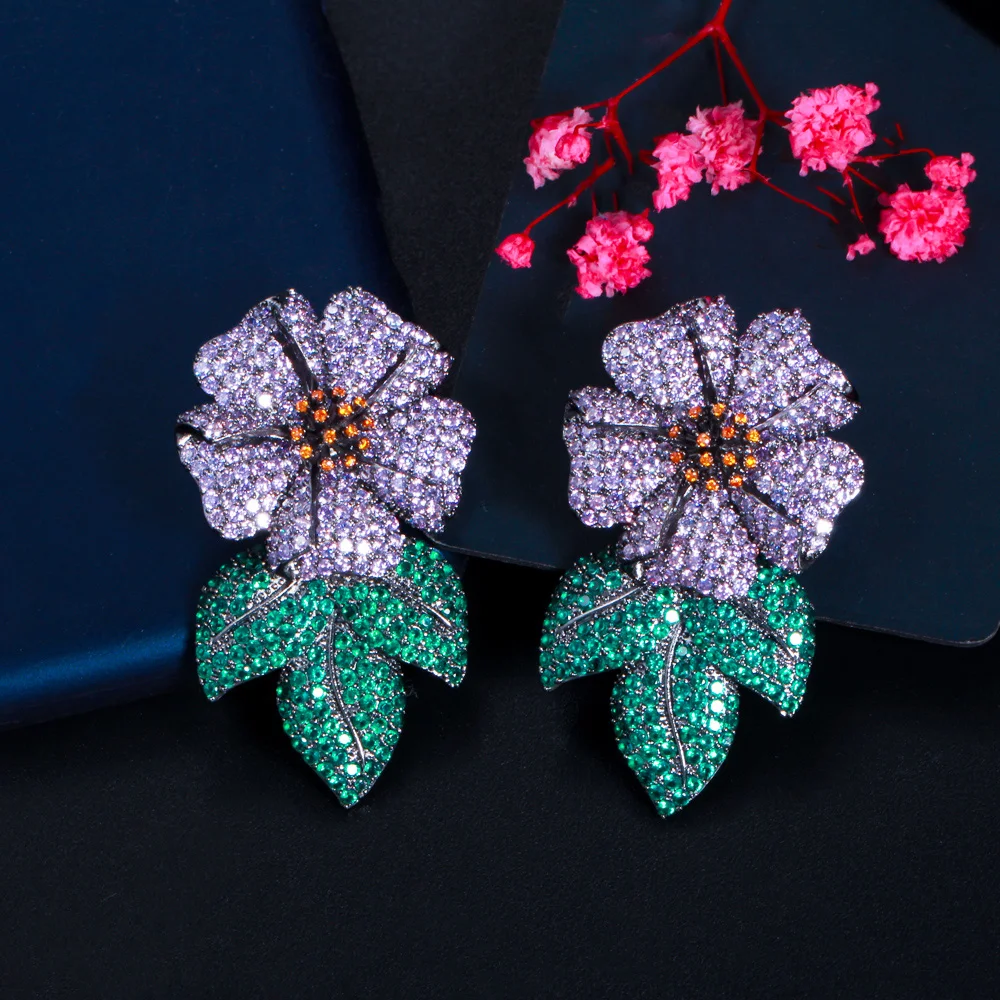 

CWWZircons Purple Green Cubic Zirconia Leaf Flower Long Big Luxury Statement Drop Earring for Women Wedding Bridal Jewelry CZ885