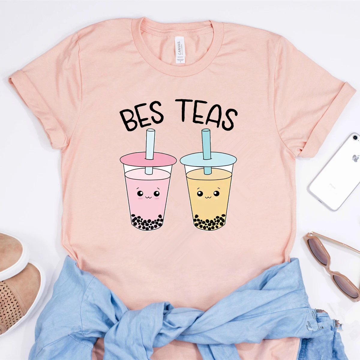 Фото Футболка 2026 Bes Teas Boba Tea: Милая футболка для лучших подруг в стиле Bubble Tea, кавайная футболка для лучших друзей, ретро-футболка Ulzzang, парные футболки, повседневные топы №3