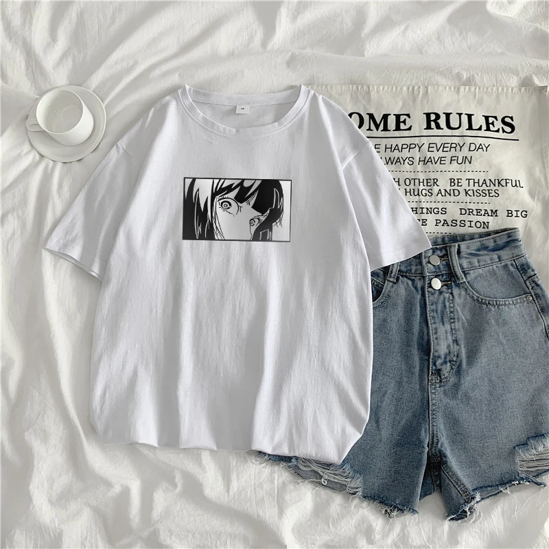 

E-BAIHUI 100% Cotton T Shirt Women Short Sleeve Summer T-shirt Tees Tops Anime Print Black White T Shirts
