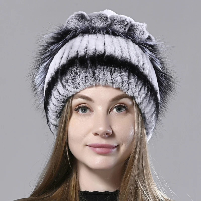 

Natural Fur Hat Rabbit Fox Fluffy Fur Floral Beanie Hat Winter Women Warm Earflap Caps Hand Sewn Female Genuine Real Fur Hats