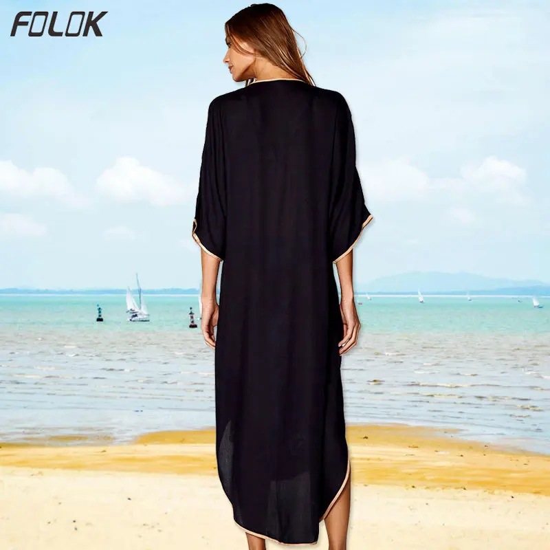 Черное хлопковое пляжное платье летний купальник накидка туника с вышивкой