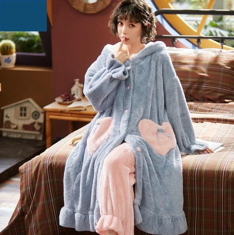 

Pajamas Female Autumn and Winter New Plush Thickened Cardigan Robe Korean Version of The Cute Rabbit Ears Bathrobe Warm Suit