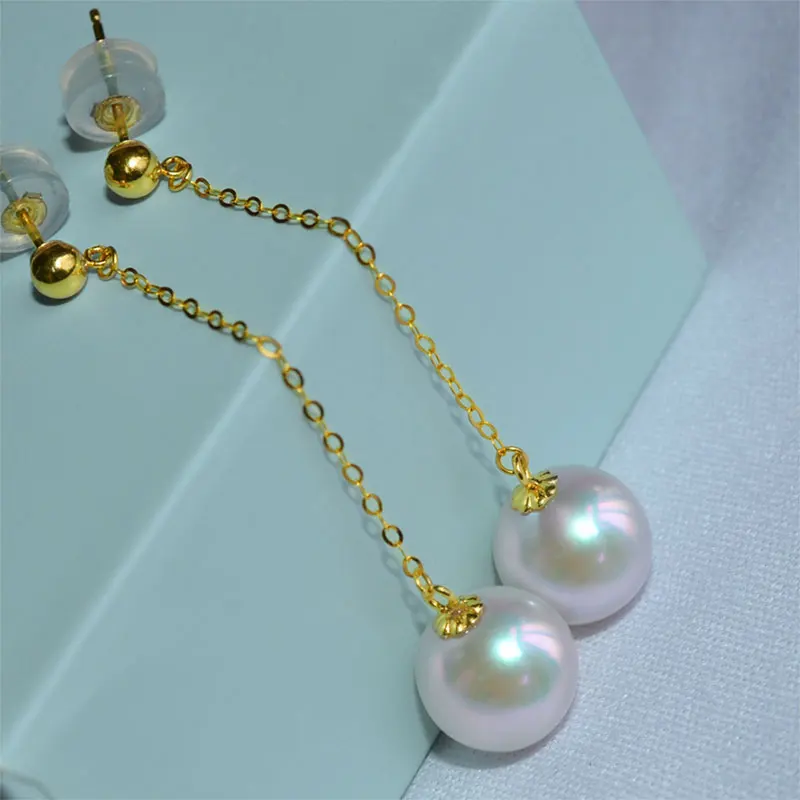 

NYMPH Genuine 18K Gold Jewelry Drop Earring Fine Round Natural Freshwater Pearl Real AU750 Chain For Women Party Gift 2020 E500